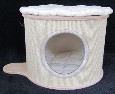 Preview: Sisal - Kratzbaumhöhle 47 cm ( mit Holzplatten 50 cm ø) mit Nase und Klettkissen ( für 14cm Sisalstämme )